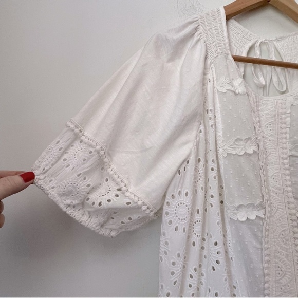 Porridge White Eyelet Embroidery Anglaise Smocked Boho Coastal Back-Tie Top M - Picture 7 of 16